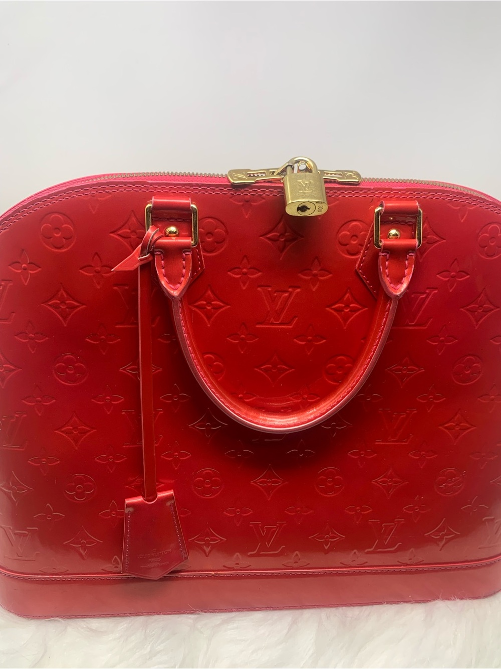 LV Louis Vuitton Alma GM Monogram Vernis Pomme D’Amour Red Leather Dome Bag